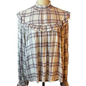 Free People Charlie Plaid Neutrals Ruffle Blouse Mock Neck Smocked Sleeve